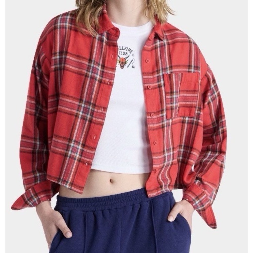 Stranger Things Netflix Cotton Cropped Flannel Red Womens Size Large New